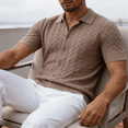 thumbnail image 2 of Men's Short Sleeve Knit Button-Down Shirt, Textured Cable Knit Polo Collar Casual Summer Shirt, 2 of 12
