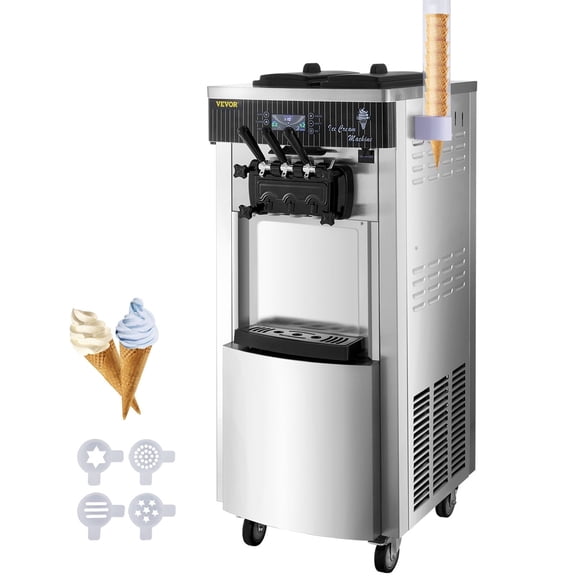 SHUNJITAI Upright Commercial Soft Ice Cream Machine YKF-8228H – 20-28L/H, 304 SS, with Cone Holder