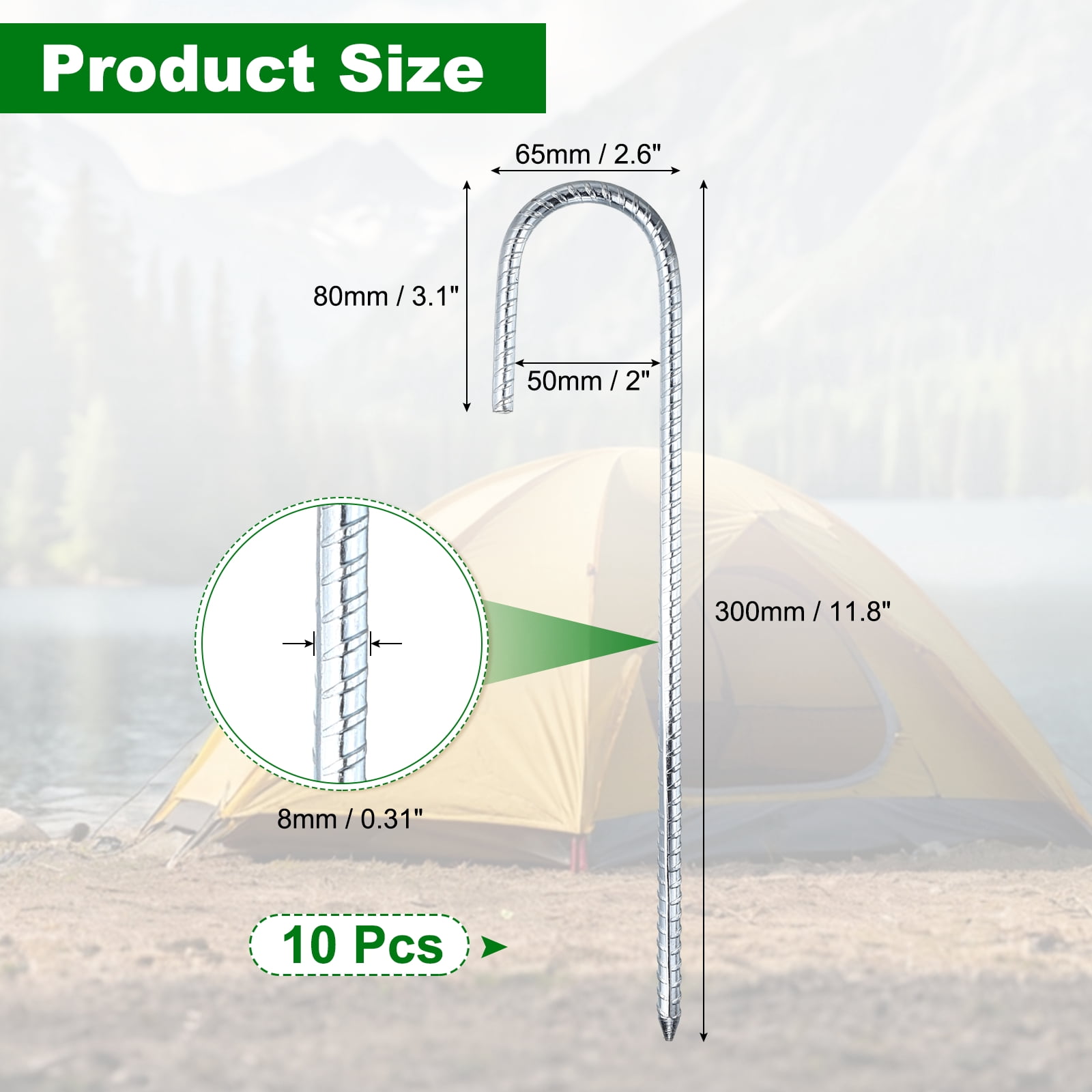 10 Pack Ground Stakes Heavy Duty J Shaped Stakes, 12 Inch Steel Tent Pegs 0.31" Dia J Hook Ground Anchors Link Fence Spikes with Chisel Point End for Garden Camping Gazebo, Silver
