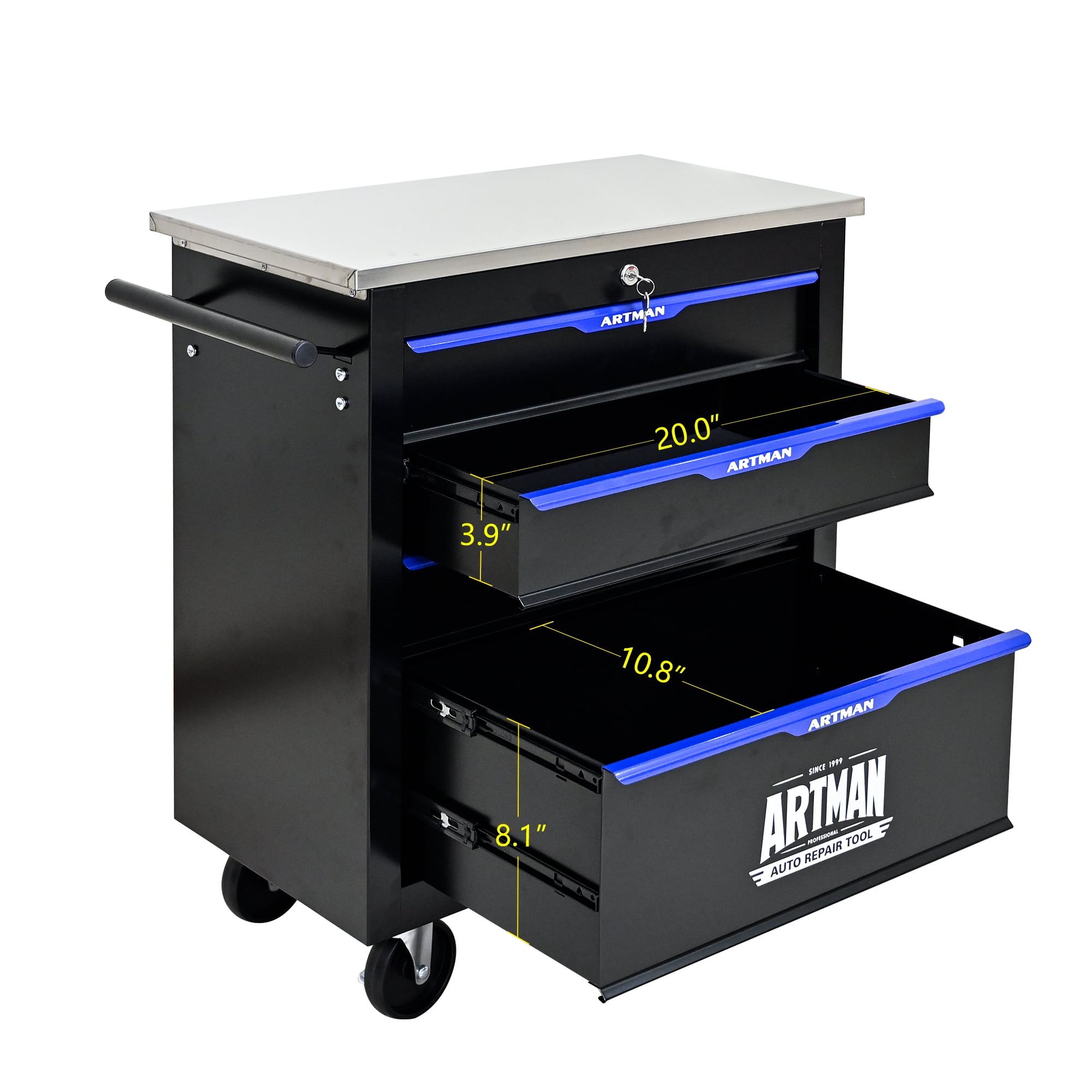 POVANLi 4 Drawers Multifunctional Tool Cart with wheels,Key Locking and 4 Toolbox On Wheels, Metal,Suitable for Garages,Warehouses,Workshops,Repair Shops(Black+Blue)
