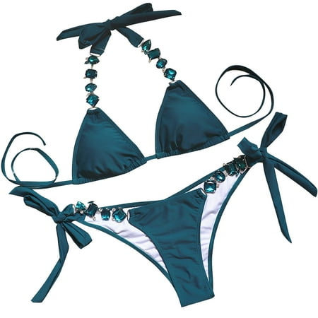 Arnsht Women s Fashion Soft Comfortable Breathable Thong Bikini Crystal Side Bottom Triangle Bikini Halter Swimsuits Mint Green L