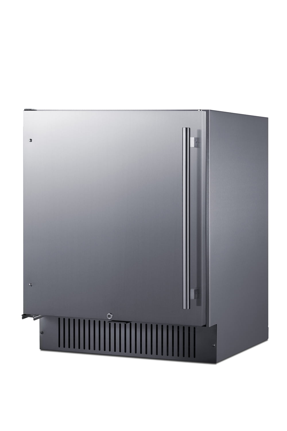 27" wide built-in undercounter all-refrigerator with stainless steel door, black cabinet, door storage, lock, and digital controls