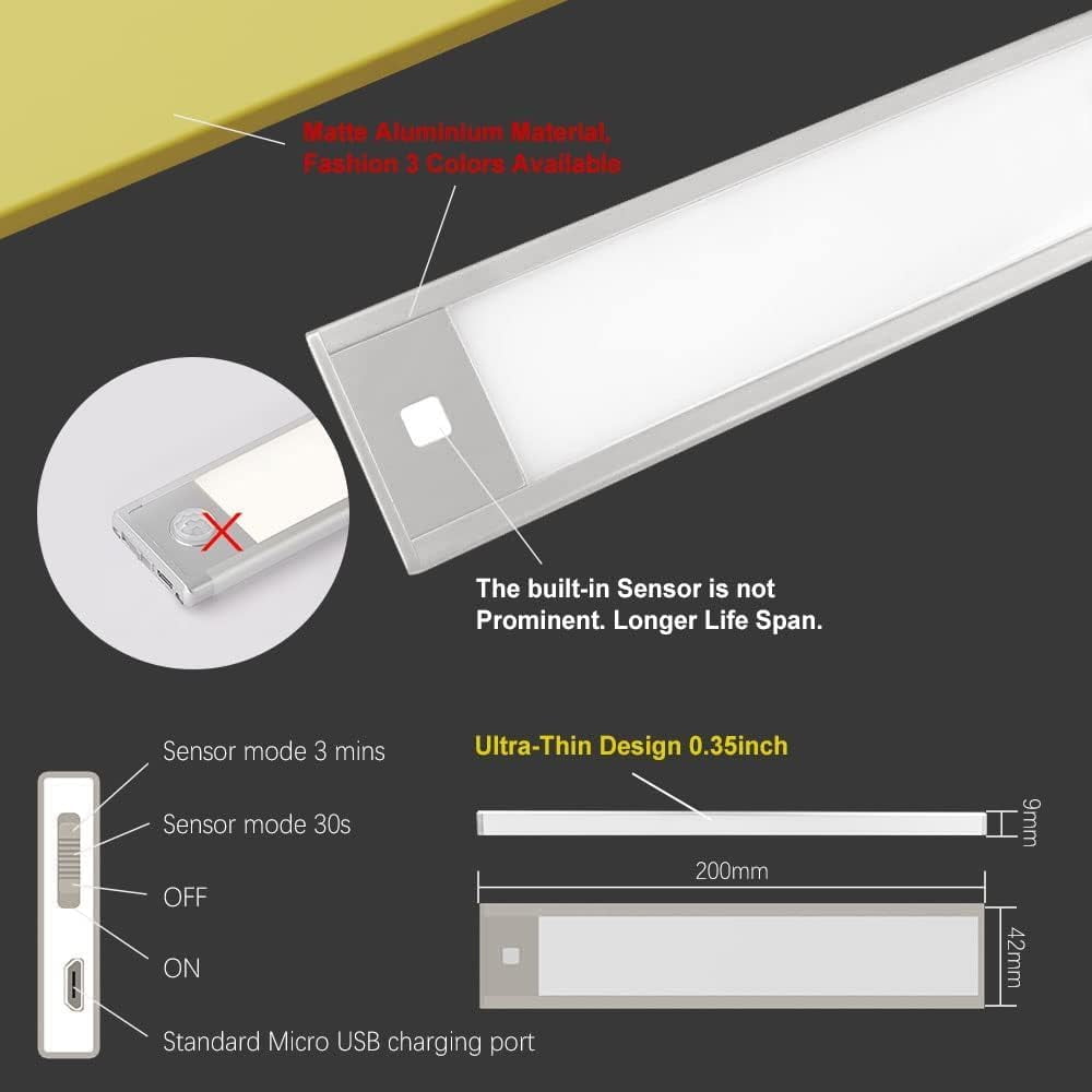 VST Under Cabinet Lights, Motion Sensor Light Indoor 2200mAh Rechargeable, Closet Lights with Magnetic Suck, Cordless Under Counter Lights for Stairs Kitchen (3 Pack, Nature Light - 4000K)