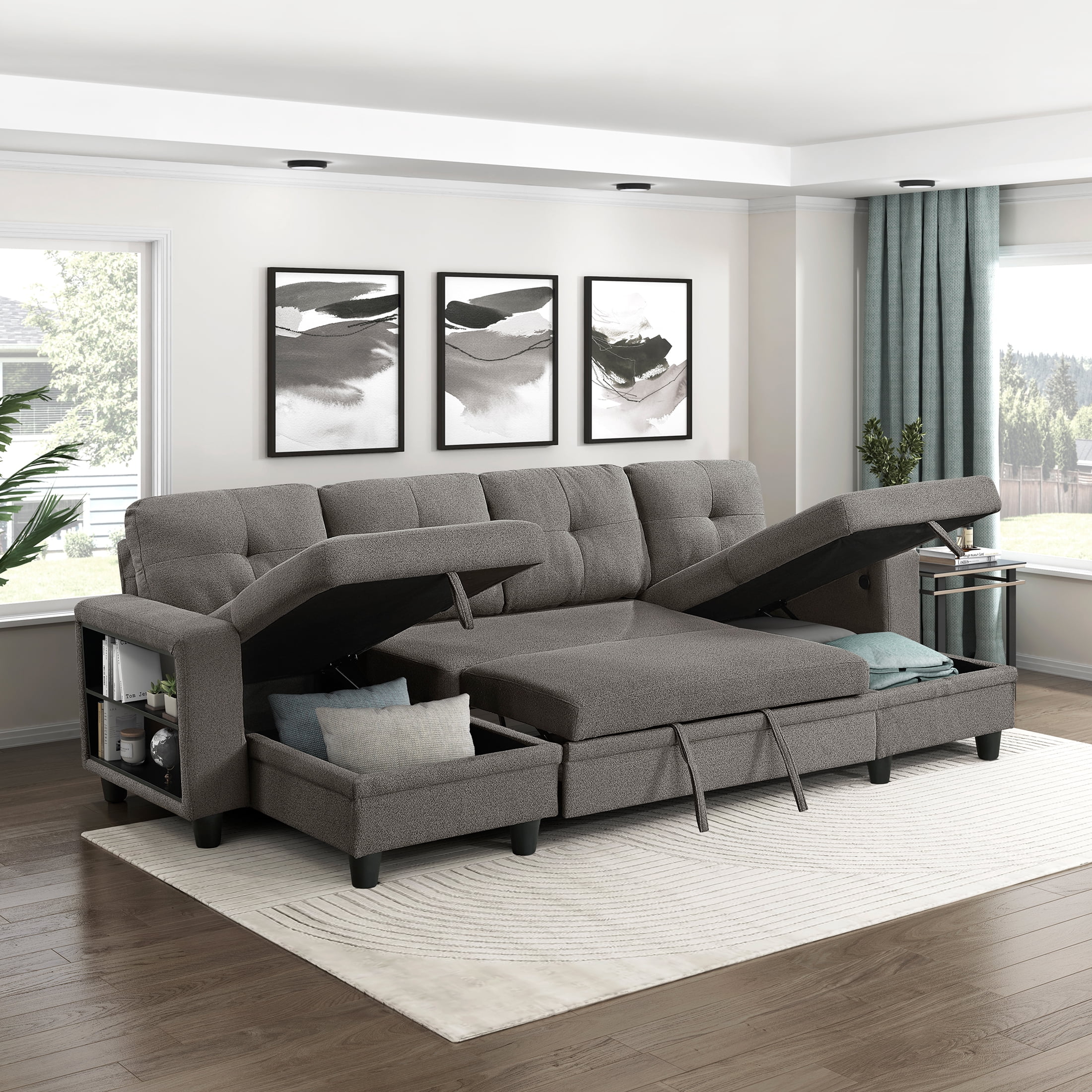 OakvillePark Vessarion Boucle Sectional with Two Chaises, Pull-out Bed, Shelves and Charging Ports, Dark Brown