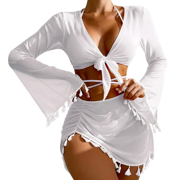 Ygbgbb Women's Beachwear Summer Swimwear Bikini Set Solid Color Halter Split Four-piece High Waist Beachwear Set (White,M)