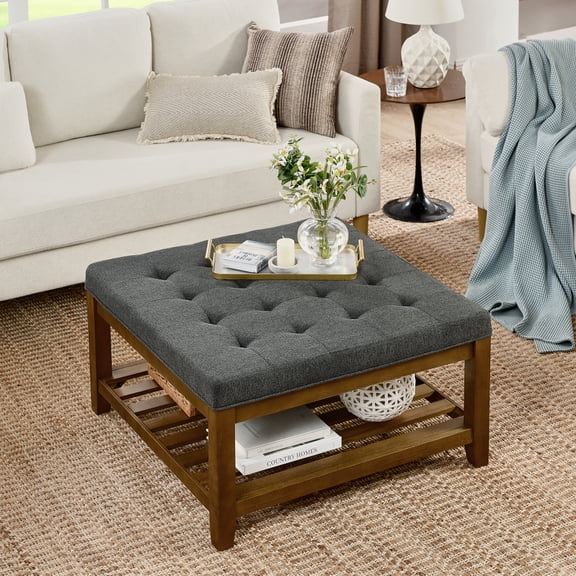 GZXS Upholstered Coffee Table Ottoman with Open Shelf, 34.25" Square Linen Tufted Footrest, Beech Wood Frame, 400lbs Capacity, Dark Gray