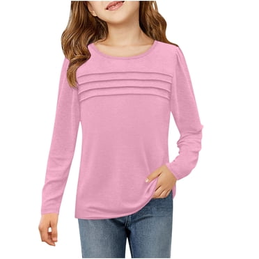 Ohufall Teen Girls Long Sleeve T-Shirts, Cute Solid Color Causal Front Pleated Pullover Tops Soft Comfy Crew Neck Blouses for Kids Girls, 5-14 Years