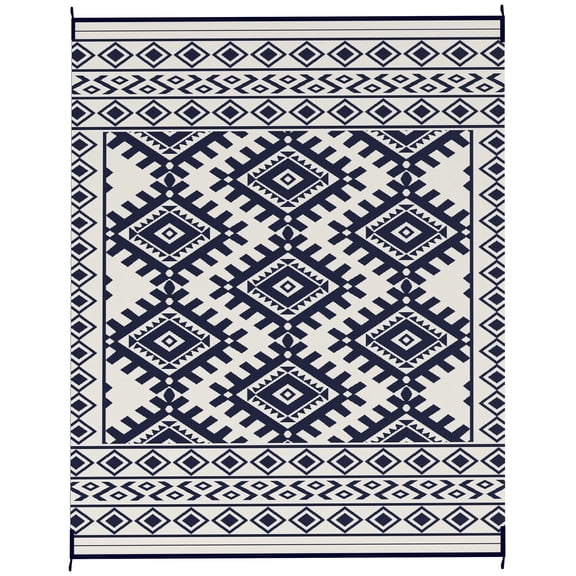 Reversible 8x10 Outdoor Rug, Waterproof Straw Mat with Carry Bag, Blue White Diamond Border Design