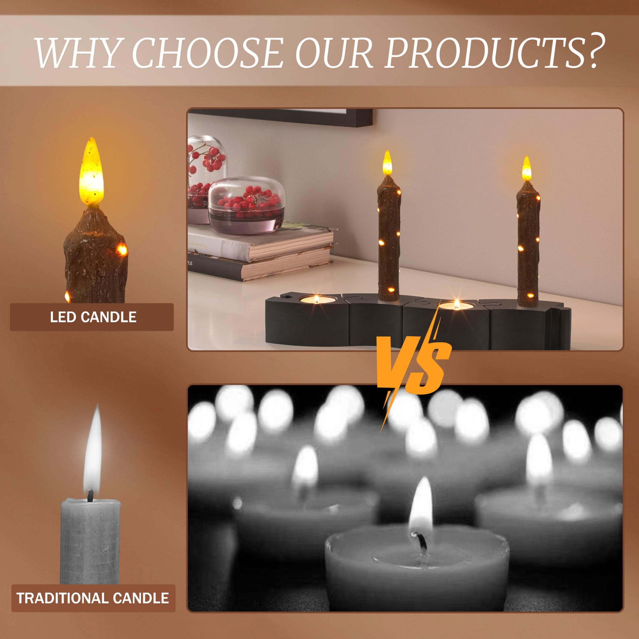 FCMSHAMD 6.5 Inches Primitive Real Wax LED Short Flameless Candles Hand Dipped Battery Operated Taper Candle with Timer Remote for Vintage Rustic Home Decor