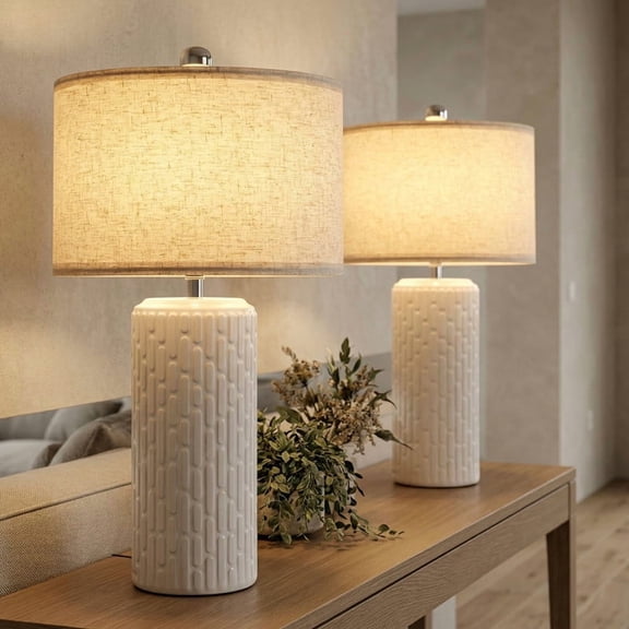 HKMGT 20.87" Embossed Ceramic Table Lamp Cream Linen Shade E26 Soft Warm Light Nightstand Lamp for Bedroom Living Room