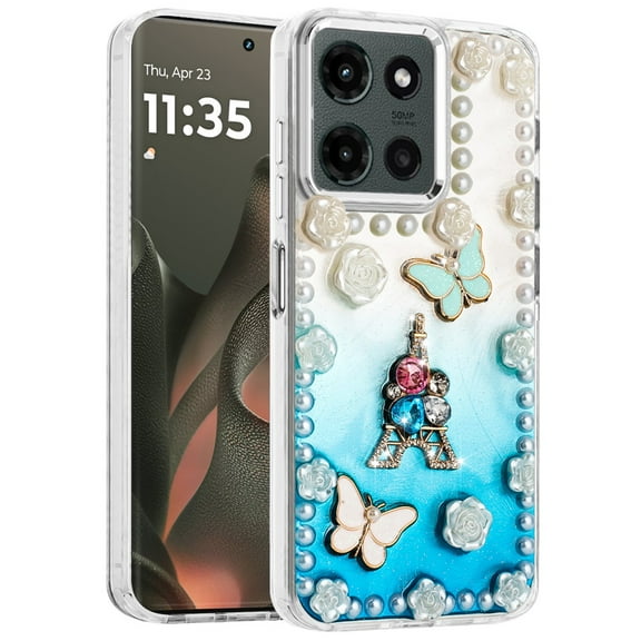 Case for Motorola Moto G Power 5G 2025 Bling Fashion Design with 3D Pearls Epoxy Glitter Ornaments Chrome Edge Hard Slim PC, XPM Phone Cover fit Moto G Power 5G (2025) [Eiffel Tower Blue]