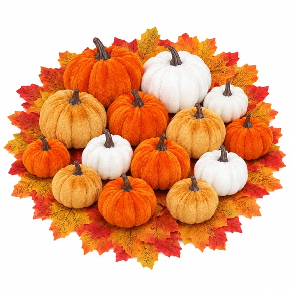 YOYTOO 12 Pcs Mini Artificial Velvet Pumpkins Decoration, Mixed Color, Fall Fake Pumpkins Decor Set for Halloween Thanksgiving Autumn Harvest Party Table Centerpiece Decor (Orange/Gold/White)