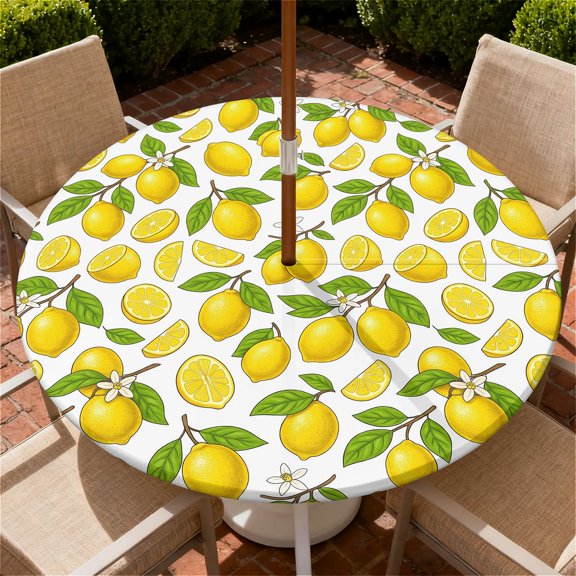 YESAD Round Outdoor Tablecloth For Up To 36in With Umbrella Hole & Zipper Waterproof Elastic Edge Fitted Table Cover Big Sunflower For Patio Picnic Party, Citrus-Pattern