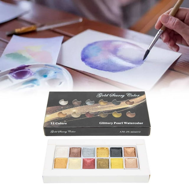 12Pcs Watercolor Paint Set, Metallic Color System Watercolor Set Water Colour Paint Sketchers Pocket Box For Students Kids Beginners