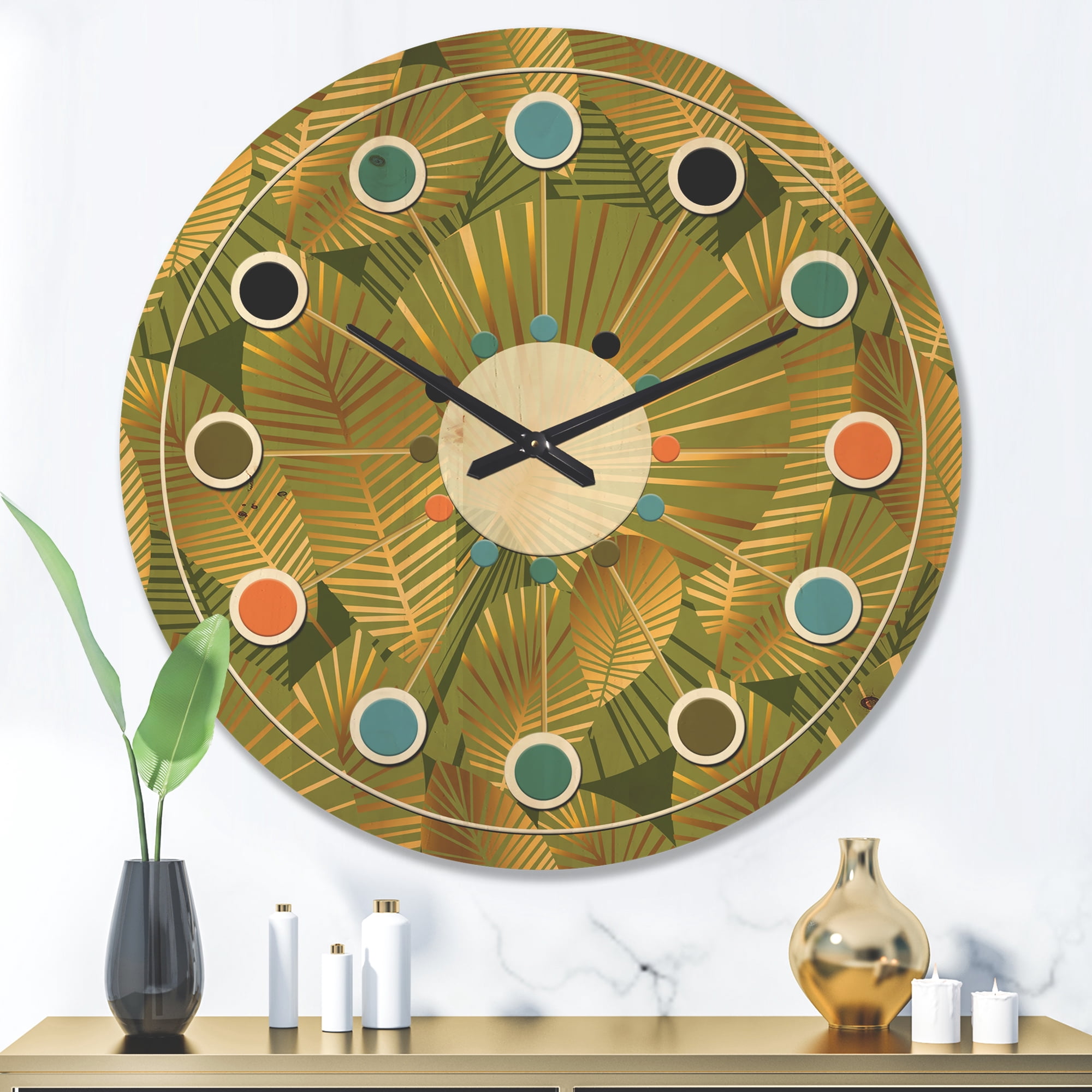 Designart 'Abstract Golden Leaves I' Mid-Century Modern Wood Wall Clock