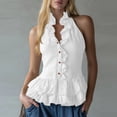 thumbnail image 2 of Craaazy Womens Ruffle Trim Boho Tops Sleeveless Halter Neck Solid Color V Neck Cotton Linen Peplum Blouses for Summer Casual Wear, 2 of 7