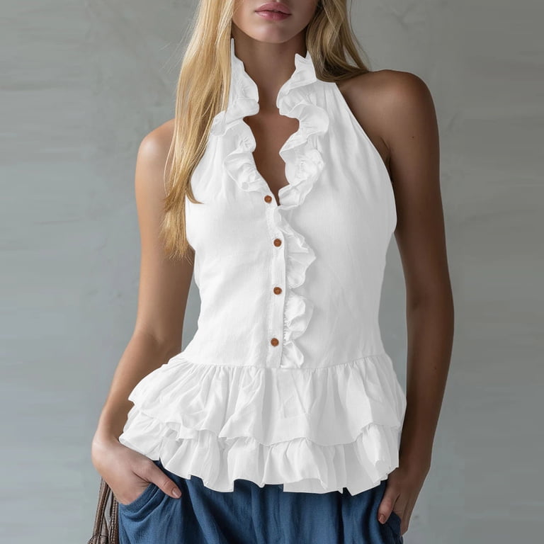 SuTry Womens Halter Neck Sleeveless Ruffle Blouse Tiered Peplum 