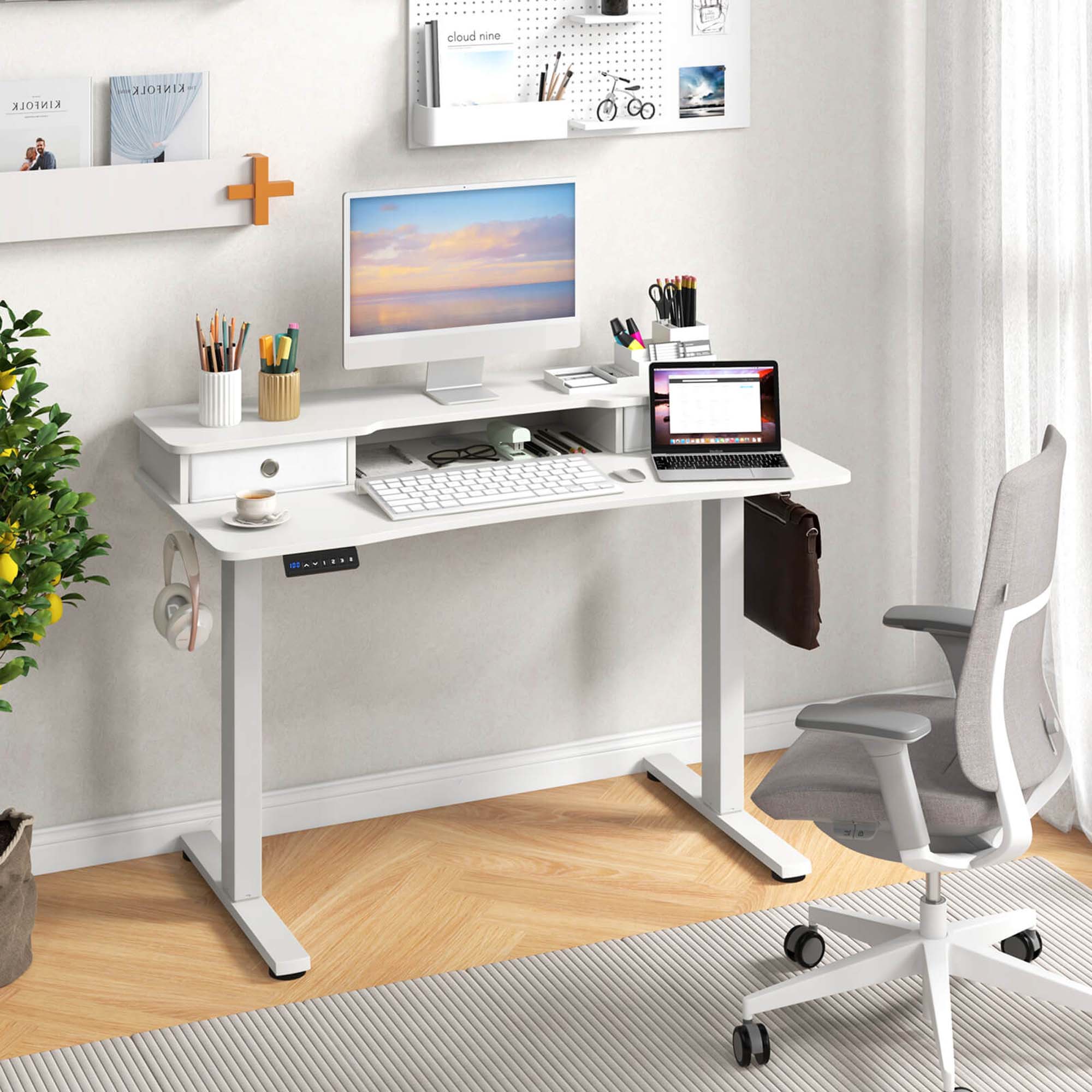 Costway 48"x 24" Electric Standing Desk with 2 Drawers Monitor Stand Storage Shelf White