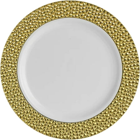

EcoQuality 10.25 inch Round White Plastic Plates with Gold Rim - China Like Party Plates Heavy Duty Large Disposable Dinner Charger Salad Plate Weddings Serveware (60 Pack)