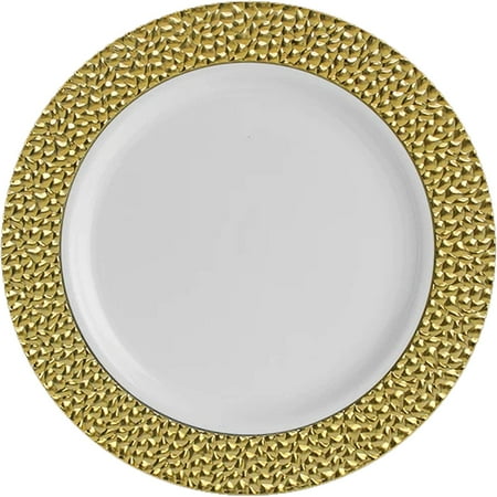 

EcoQuality 7.5 inch Round White Plastic Plates with Gold Rim - China Like Party Plates Heavy Duty Large Disposable Dinner Charger Salad Plate Weddings Serveware (100 Pack)