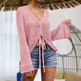 thumbnail image 2 of JIAYUE Women's Swimsuit Cover-Ups Crochet V Neck Long Sleeve Solid Color Comfortable Drawstring Shirt Sexy Beachwear Lace Up Bathing Suit Cover Up Top, 2 of 8