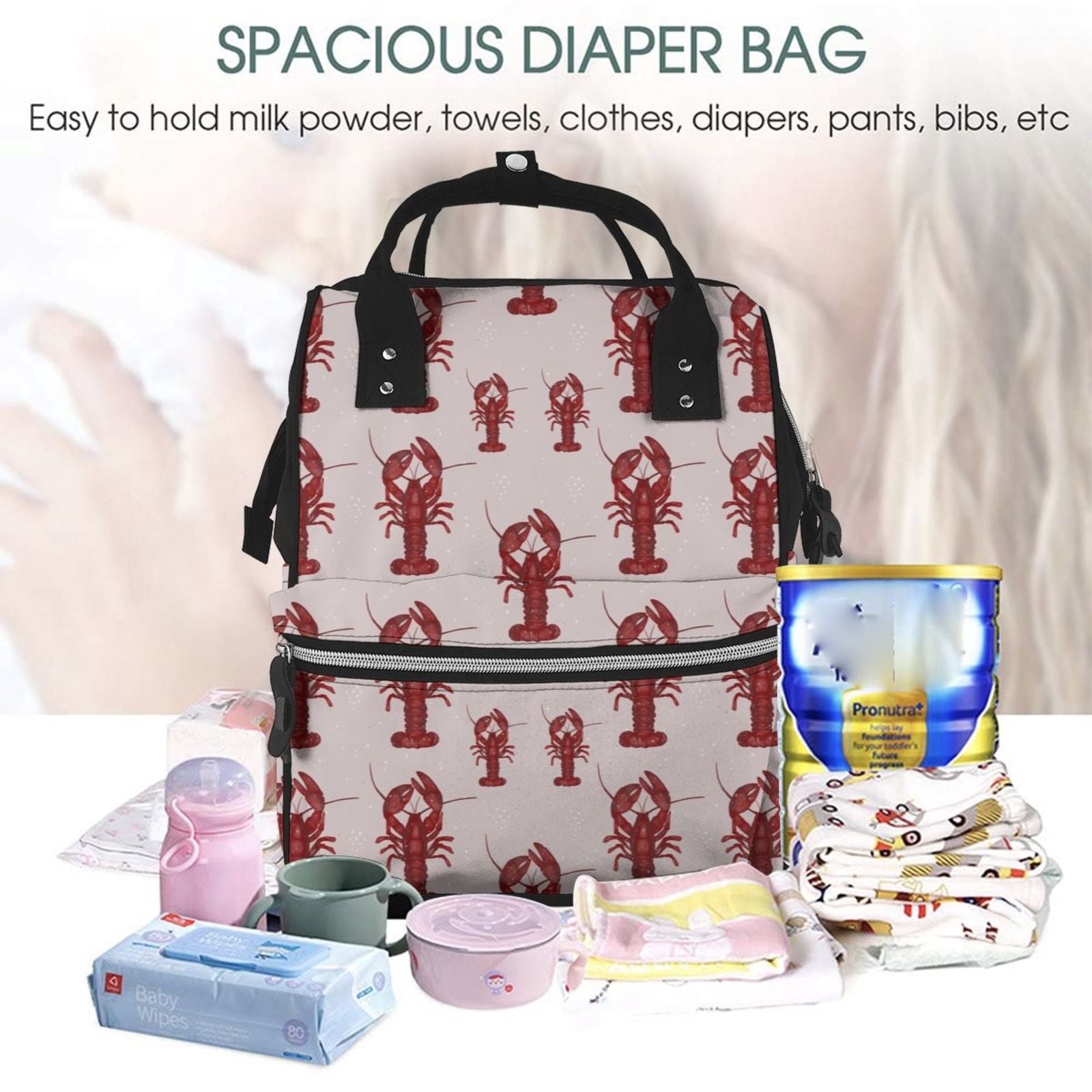 Ratiio Red Lobster With Claws Mummy Backpack - Waterproof Twill Canvas, Large Capacity Diaper Bag with Multiple Pockets and Adjustable Straps