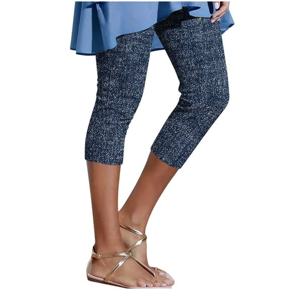 Leggings for Women,Women's Faux Denim Capri Leggings High Waisted Yoga Pants Pull On Stretch Print Capris Casual Comfy Tights Skinny Jeggings