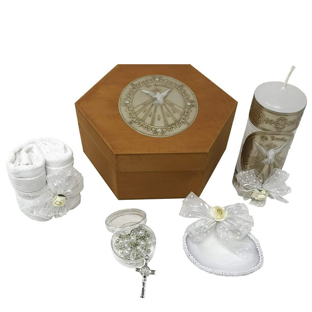 Set de velas de bautismo católico Arcángeles Mexicanos con caja y toalla