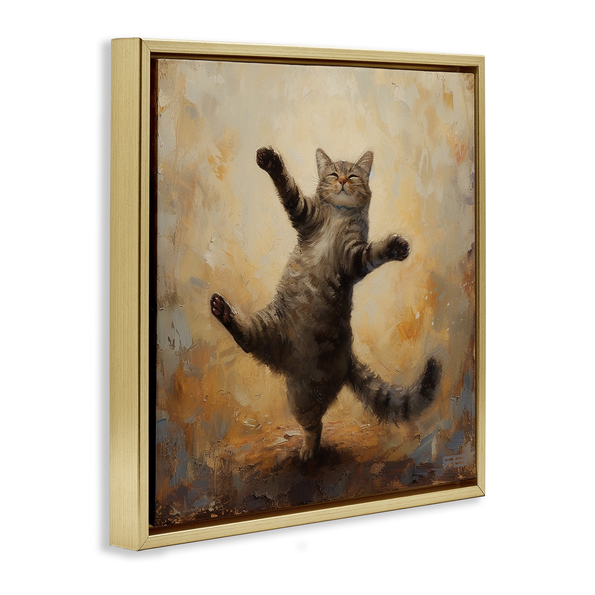 Stupell Industries Dancing Tabby Cat Animals & Insects Painting Gold Floater Framed Canvas Art Print Wall Art, 18 x 18