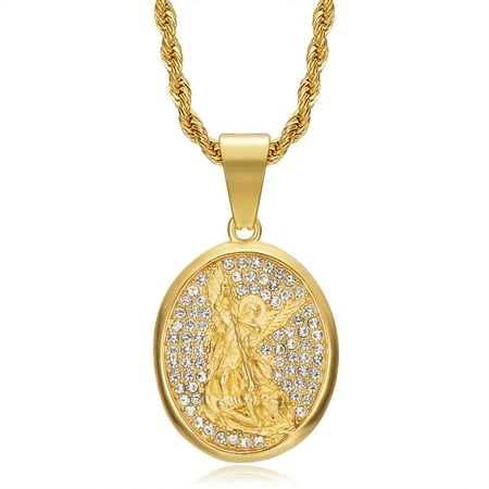 18K Gold Plated Saint Michael Pendant Stainless Steel Necklace for Men Women, 24 Inch Rope Chain Christian Prayer Jewelry Gift