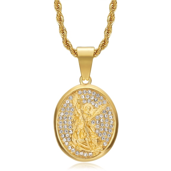 18K Gold Plated Saint Michael Pendant Stainless Steel Necklace for Men Women, 24 Inch Rope Chain Christian Prayer Jewelry Gift