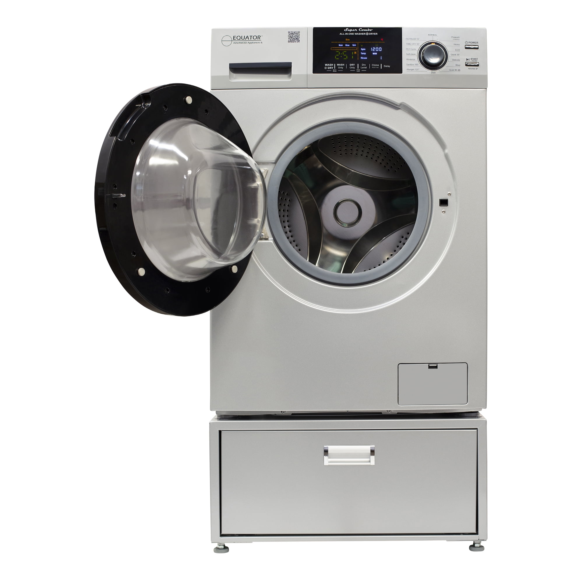 Equator All-in-One Washer Dryer VENTED-DRY 30% FASTER than Condense 15lb 110V with pedestal, Adjustable legs and Sanitize Cycle