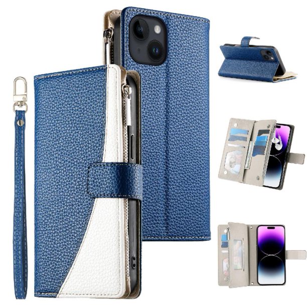 Funda cartera GANGXUN para iPhone 13 , cuero PU con tarjetero, cremallera, correa de mano, soporte y protección 796°
