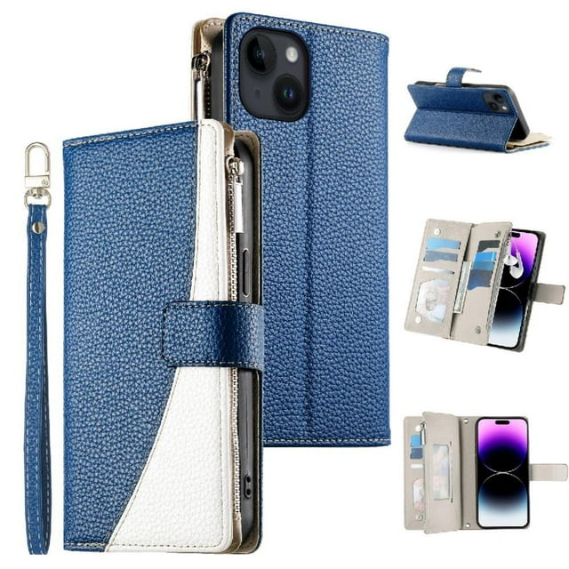 Funda cartera GANGXUN para iPhone 13 , cuero PU con tarjetero, cremallera, correa de mano, soporte y protección 796°