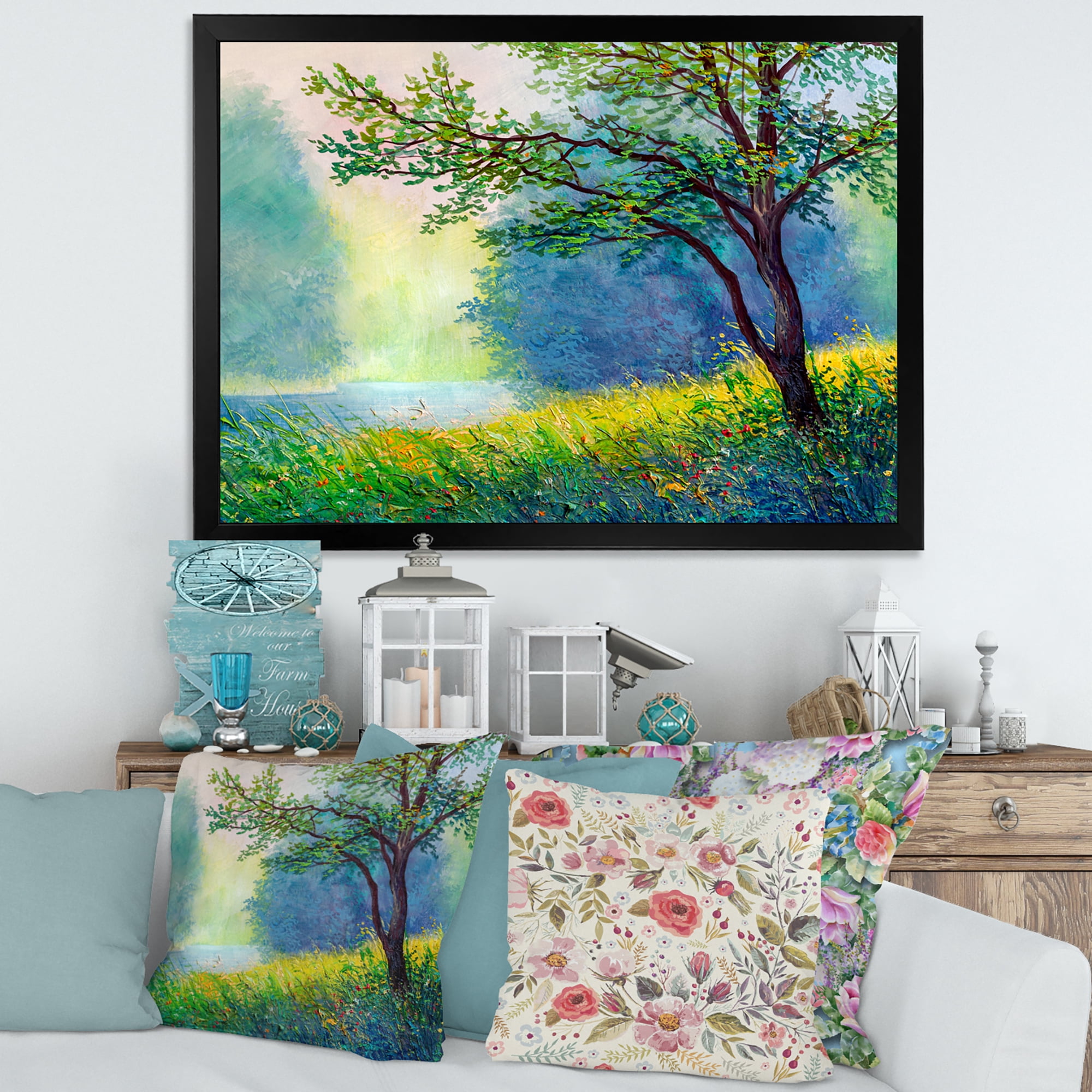 Designart 'Summer Forest With Waterfall and River ' Traditional Framed Art Print