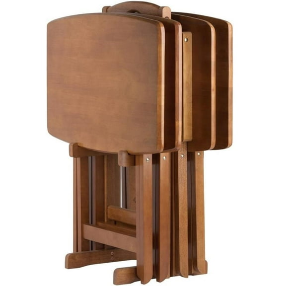 Pemberly Row 5-Piece Oversized Transitional Solid Wood Snack Table Set in Teak