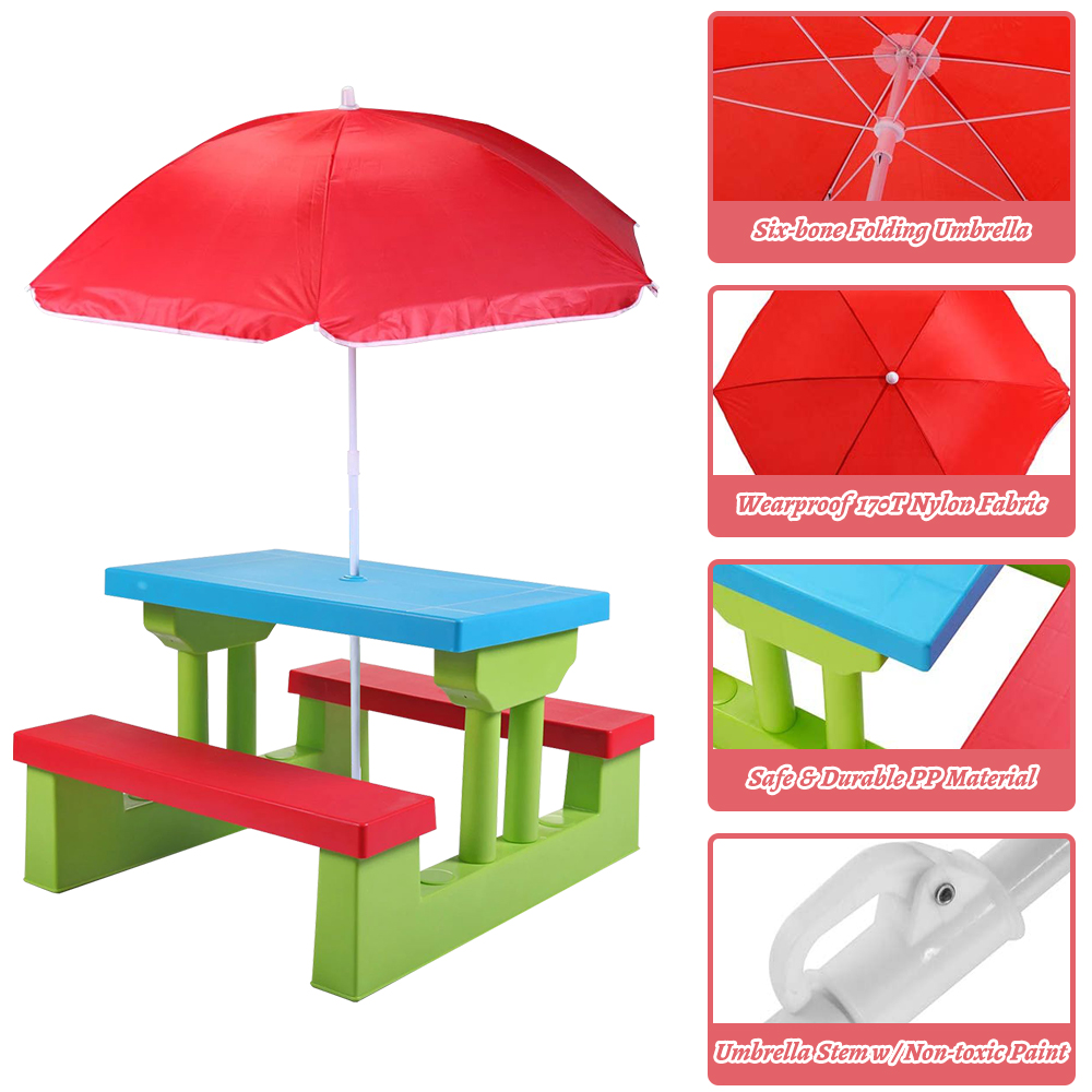 Kids Picnic Table Set with Umbrella, BTMWAY Toddler Table and Chairs Set, Outdoor Kids Picnic Table with 2 Benches, Portable Picnic Table Bench Set for Garden, Backyard, Patio, Red/Blue/Green, R2119 - image 5 of 8