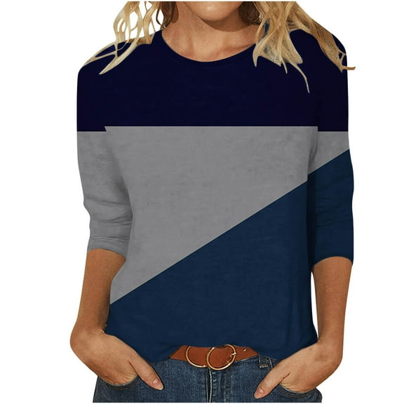 3/4 Sleeve Shirts for Women Casual Crew Neck Color Block Patchwork Fall Fashion Tunic Tops Loose Cozy Blouse (Navy,XL)