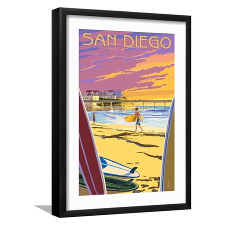 Art.com San Diego, California - Beach and Pier Art Print by Lantern Press, Black Frame Wall Art, 17" x 23"