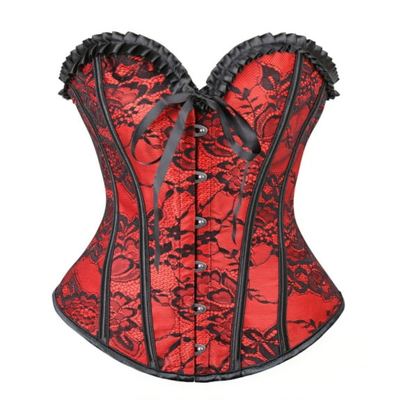 Feancey Gothic Corset Tops for Women Vintage Ruffle Floral Lace Bustiers Adjustable Tie-Up Strapless Tube Top Halloween Cosplay Costume Red L