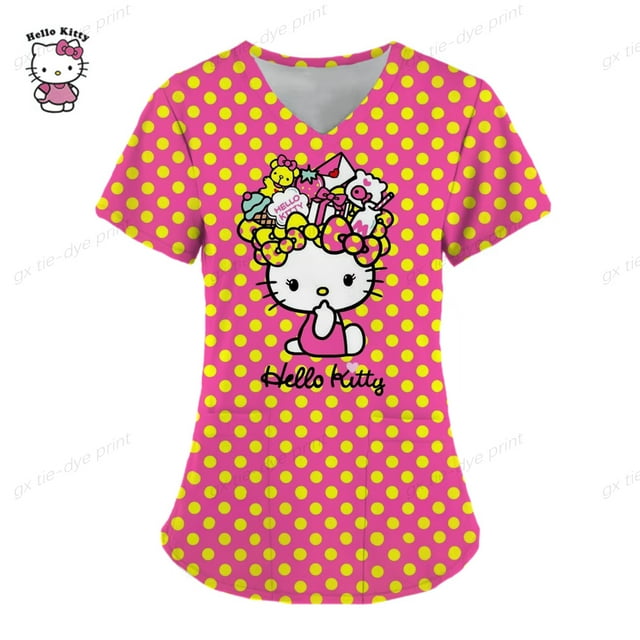 RWJDXD Uniforme d'Infirmière pour Femmes Hello Kitty Imprimé Manches Courtes Col en V Hauts Imprimé Dessin Animé Blouse Blouses Uniformes de Travail Salon de Beauté Été