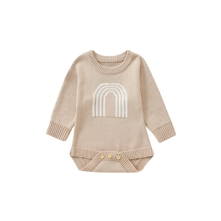 

Frobukio Toddler Baby Girls Boys Fall Jumpsuit Moon Rainbow Knitted Crew Neck Long Sleeve Snaps Sweater Romper Apricot Rainbow 1-2 Years