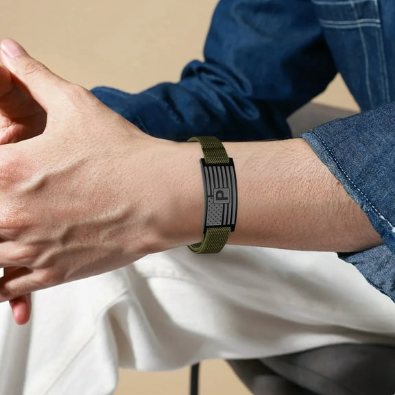 Gmogad Personalized Initial Bracelet for Men Adjustable 4.5-10in Wrist Elastic Stretch Name Jewelry with Stainless Steel Flag Charm Gift for Boyfriend Husband Son Birthday Christmas