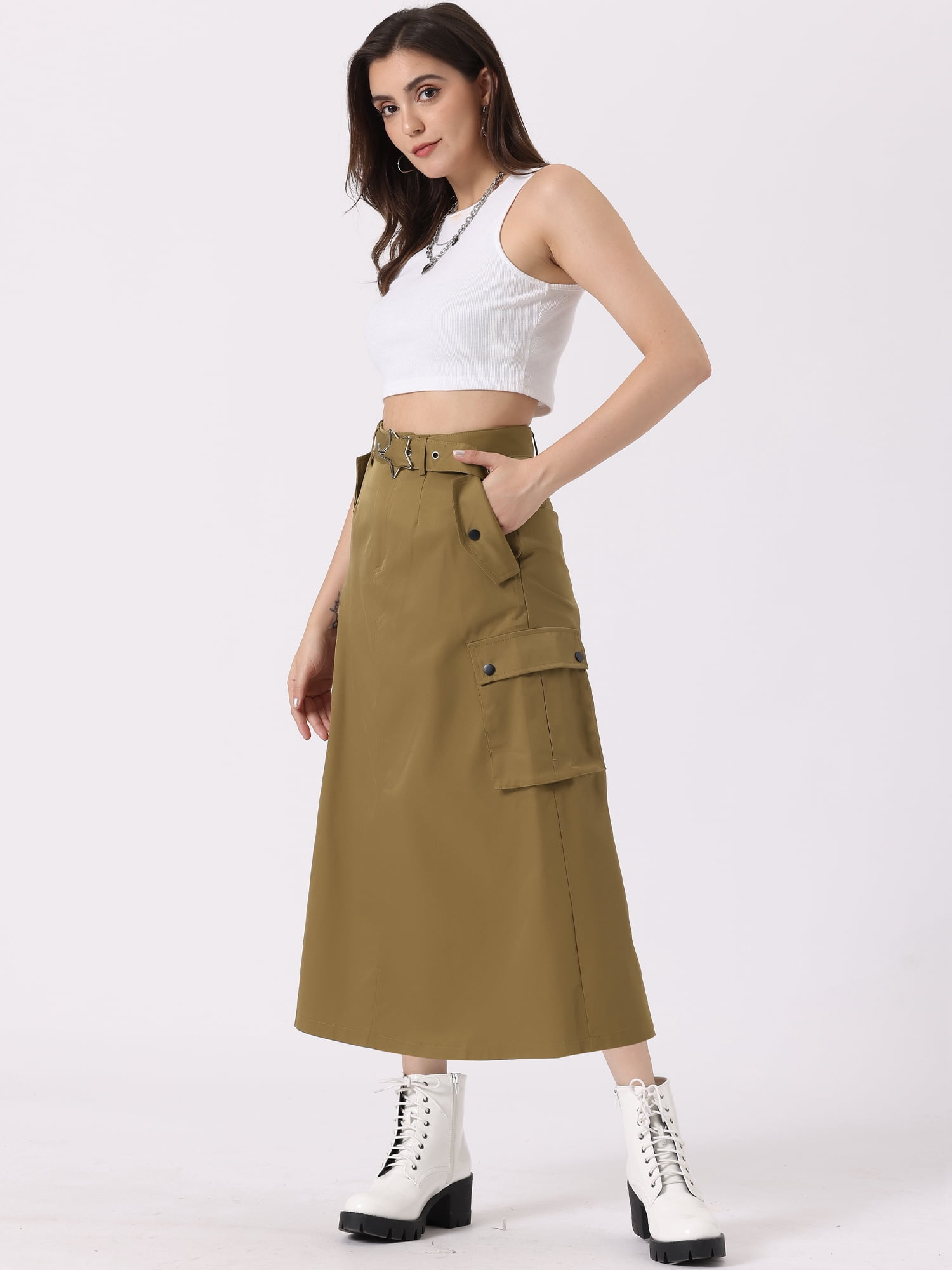 DARING DIVA Women's Stylish Versatile Y2K Cargo Long Skirt Vintage Streetwear M Brown