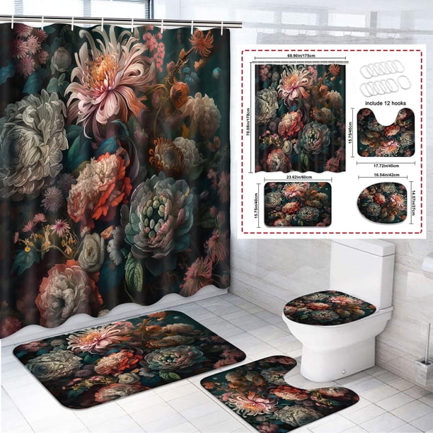 Juego de 4 cortinas de ducha para baño, juego de cortinas de ducha de poliéster con alfombras de baño, juego de baño con estampado de flores de colores con cortina de ducha y juego de alfombras