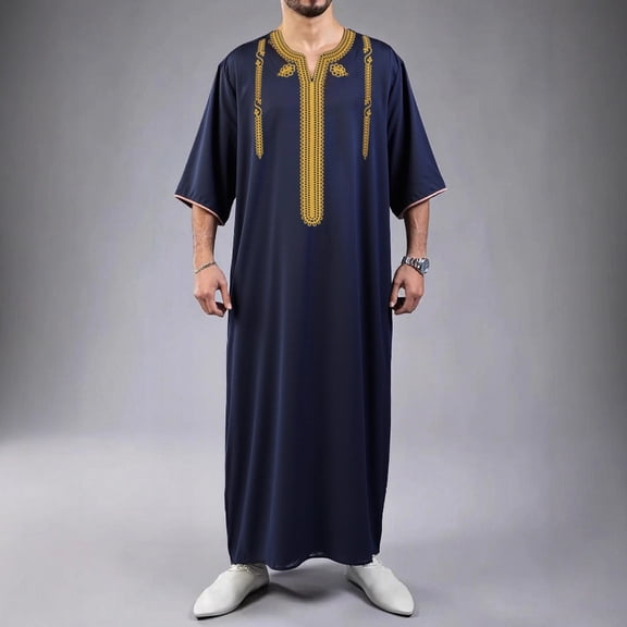 Yaoyar Mens Middle Eastern Traditional Robe Mid Sleeve Round Neck Embroidered Men's Clothing Middle East Kaftan Saudi Arab Caftans Islamic Abaya Dress Dubai Robes