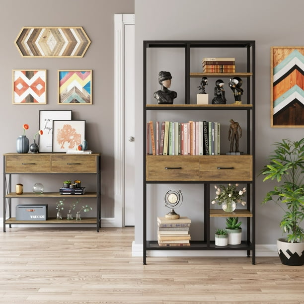 Homfa 5tier Iron Bookcase with 2 Drawers, Industrial Tall Bookshelf