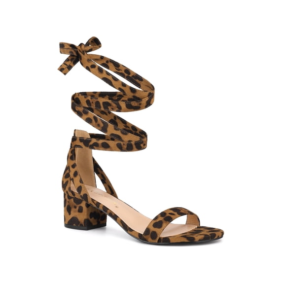 BLISSFUL STEP Women's Opened Toe Block Heel Lace up Dress Sandals Leopard 7.5
