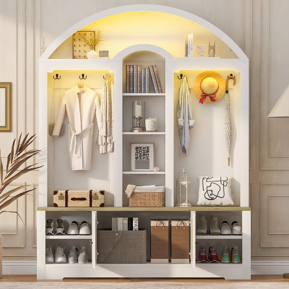 Multi-functional Entrance Wardrobe and Clothes Hangers, Equipped with Shoe Racks and hooks, Sturdy Medium-density Fiberboard Wardrobe with Modern Design and Practica, White