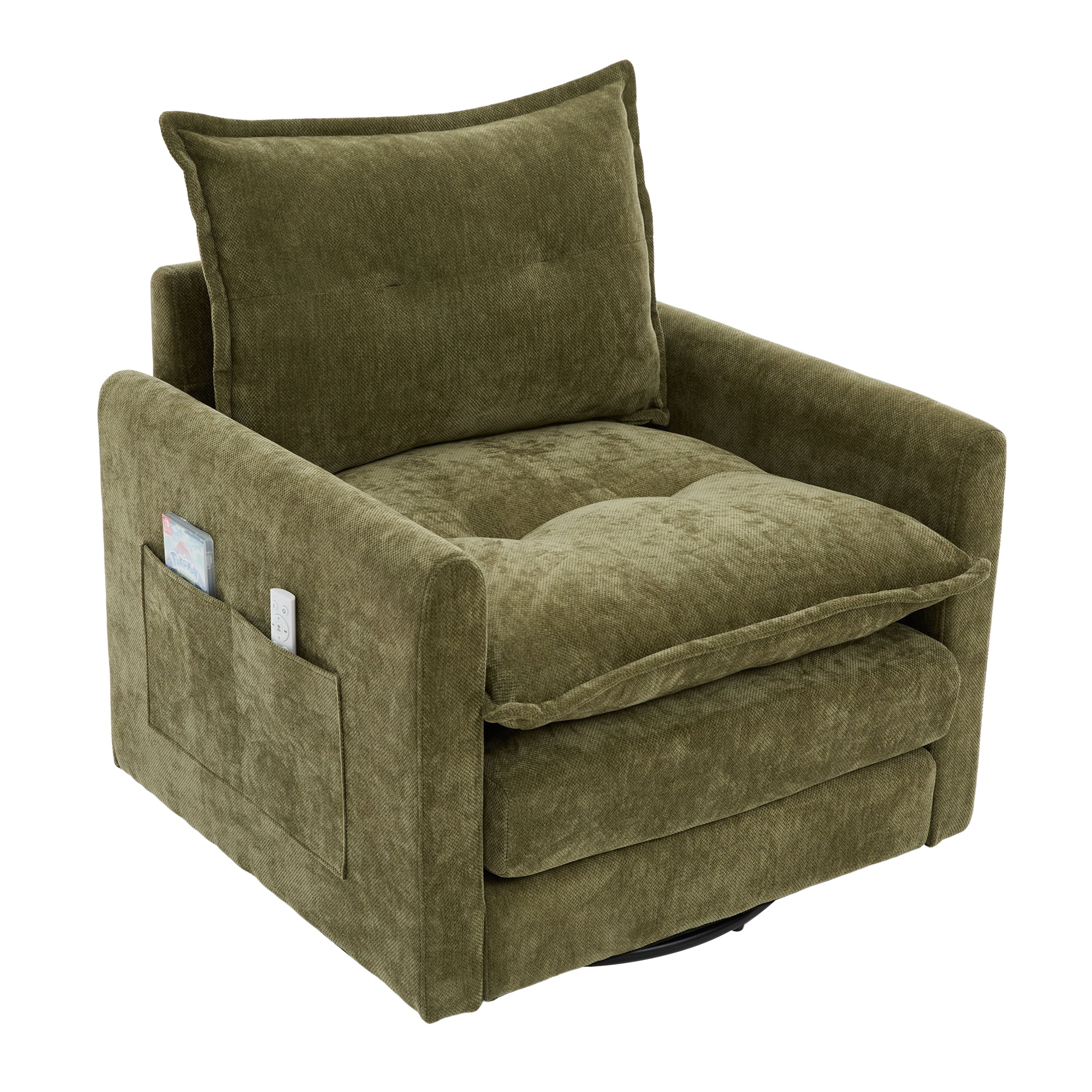 Leumius Swivel Accent Chair,Mid Century Modern Chenille Armchair with Thick Padded and Metal Base,Swivel Single Sofa Chair Barrel Reading Chair for Living Room Bedroom,Olive